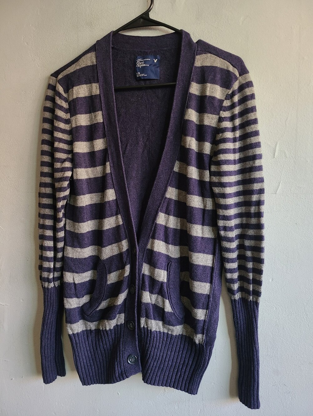Women's large American Eagle blue/gray striped tunic cardigan sweater wool blend